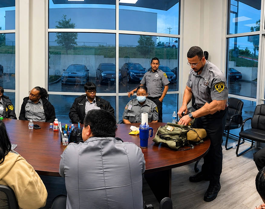 Security Guards in Meeting Room with Equipment Displayed on Table