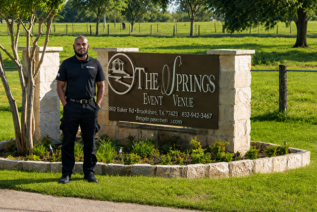 Security Guard Standing by Event Venue Sign in Outdoor Setting