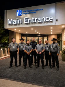 Group of Security Guards Standing Outside Hospital Main Entrance